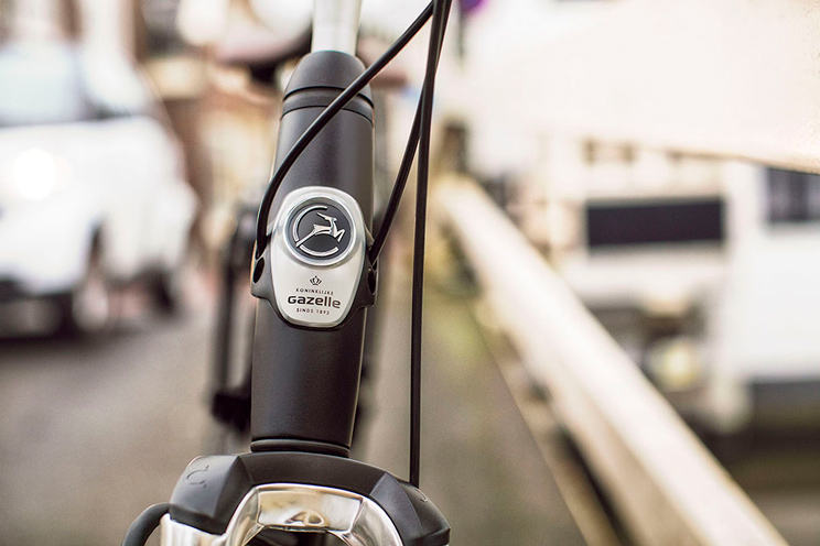 Balhoofdplaat Gazelle op zwarte fiets tegen onscherpe achtergrond.