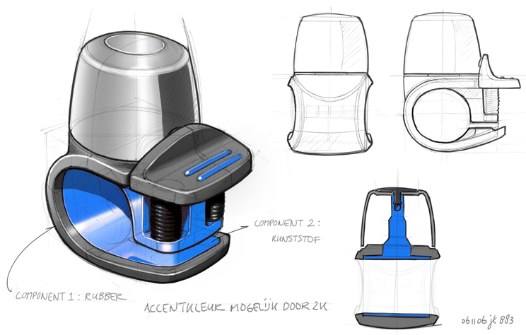 Concepttekening van Compact Bell 2 van Widek. Drie aanzichten en een doorsnede.