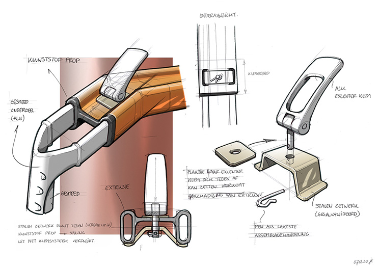 Ontwerpschets van zadelbuismontage voor Yepp Maxi fietszitje.