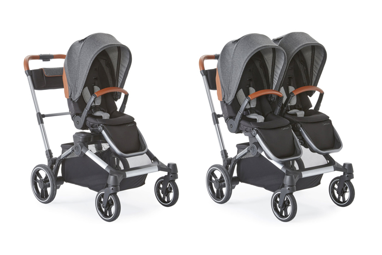 Contours Element kinderwagen in mono en duo configuratie. Kleurstelling zwart en zilver. Met details in bruin leer.