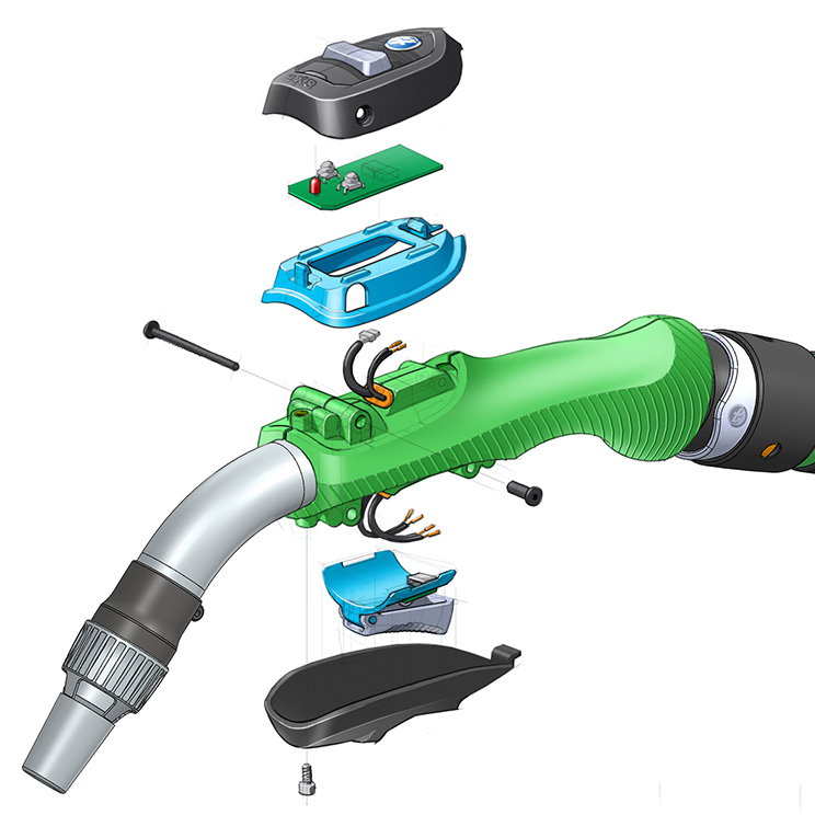 Exploded view van de lastoorts en diens modules.