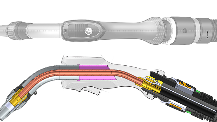 Combinatie van lichtgrijze presentatietekening en 3D CAD-model van de onderdelen aan de binnenkant.